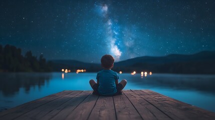 Wall Mural - a child sitting on a wooden pier legs dangling over the water eyes fixed on the stars above.