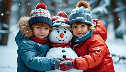 Wall Mural - Joyful Child Celebrating Winter Magic with a Handmade Snowman in a Dazzling Snowy Landscape