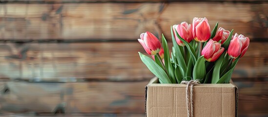 Wall Mural - Carton a cardboard box adorned with fresh spring tulips. Copy space image. Place for adding text and design