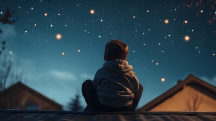 Wall Mural - a child sitting on the roof of a house looking up at the twinkling stars and distant planets.