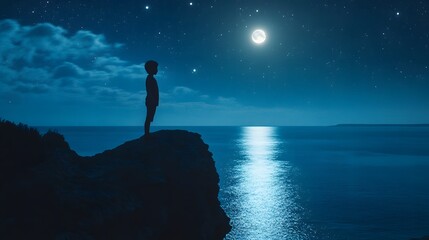 Wall Mural - a child standing at the edge of a cliff gazing out at the stars and moon reflecting on the ocean far