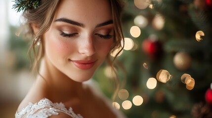 Beautiful bride in a Christmas wedding dress with festive decorations and soft lighting, enjoying a moment of joy during her winter celebration