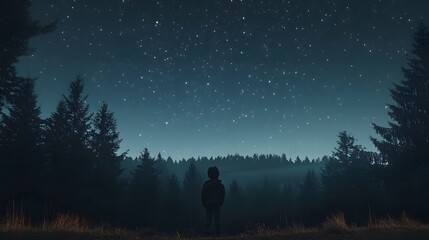 Wall Mural - a child standing at the edge of a forest looking up at the clear night sky filled with stars.