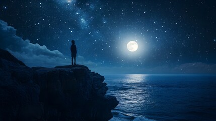 Wall Mural - a child standing at the edge of a cliff gazing out at the stars and moon reflecting on the ocean far