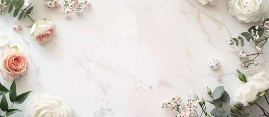 Wall Mural - White floral feminine flat lay background featuring flowers and stationery. Copy space image. Place for adding text and design