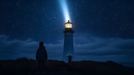 Wall Mural - a child standing by a lighthouse looking up at the stars as the beam of light sweeps across the dark