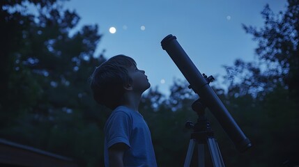 Wall Mural - a child standing in a backyard garden looking up at the stars with a telescope in hand.
