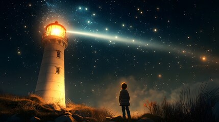 Wall Mural - a child standing by a lighthouse looking up at the stars as the beam of light sweeps across the dark