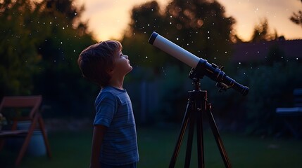 Wall Mural - a child standing in a backyard garden looking up at the stars with a telescope in hand.