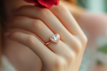 Close-up of a woman's hand showcasing a rose gold engagement ring featuring a large heart-shaped diamond against a floral background