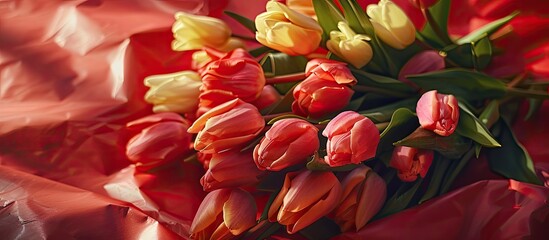 Sticker - A vibrant bouquet of spring tulips rests on bright red wrapping paper. Copy space image. Place for adding text and design