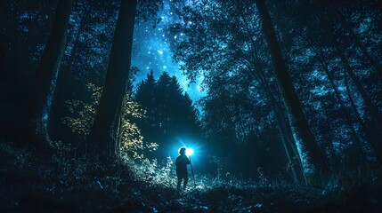 Wall Mural - a child walking through a quiet forest at night using a flashlight to find their way while looking a