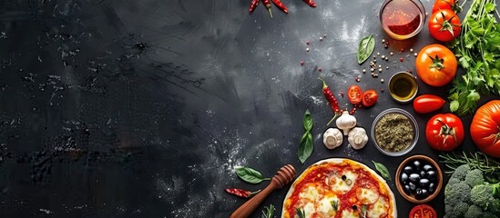 Poster - Italian pizza and pizza making ingredients on a black concrete background Vine ripened tomatoes mozzarella black olives herbs and spices A blend of Italian pizza cuisine Copy space Top view