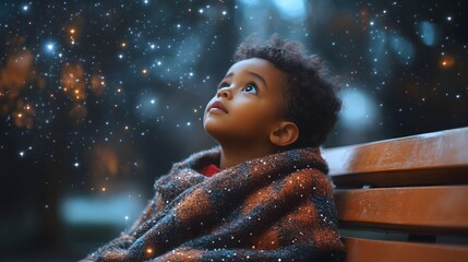 Wall Mural - a child wrapped in a blanket sitting on a bench and gazing up at the stars with wide-eyed wonder.