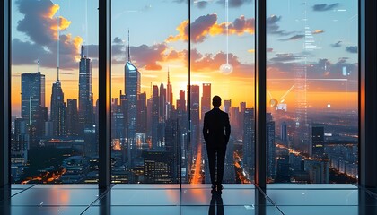 Wall Mural - Futuristic City Skyline Viewed from Virtual Control Room by Digital Transformation Strategist