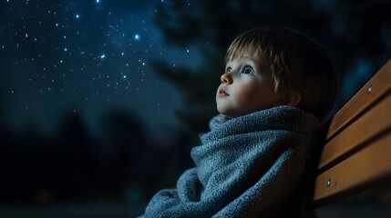 Wall Mural - a child wrapped in a blanket sitting on a bench and gazing up at the stars with wide-eyed wonder.