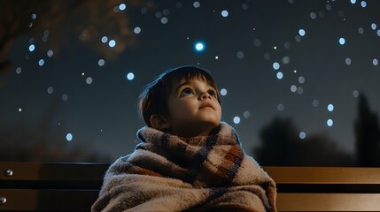 Wall Mural - a child wrapped in a blanket sitting on a bench and gazing up at the stars with wide-eyed wonder.