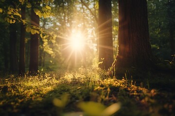 Wall Mural - Sunlight shining through trees in a forest, nature background