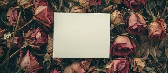 Sticker - Blank card for your message on a backdrop of romantic dried roses square image with a toned effect Instagram style. Copy space image. Place for adding text and design