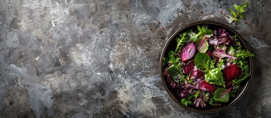 Wall Mural - Organic beetroot salad on a stone surface with copy space