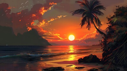 A slightly enlarged, high-definition image of a breathtaking sunset over a tranquil beach.