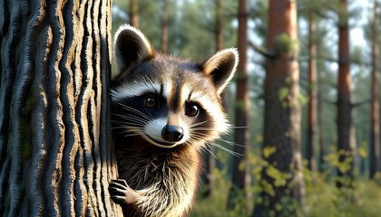 Playful raccoon peering from behind tree trunk in a whimsical 3D landscape