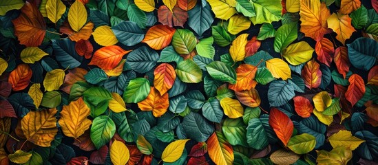 Wall Mural - Colorful and vibrant green yellow orange and red autumn leaves backdrop Nature fall season theme Foliage Outdoors Copyspace flat lay top view