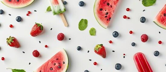 Poster - Summer pattern Watermelon slice popsicle and berries on a white background Flat lay top view. Copy space image. Place for adding text and design