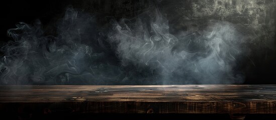 Canvas Print - On a black background a vacant wooden table has smoke rising above it There is an empty area for showcasing your products accompanied by smoke drifting up against a dark backdrop Space is available f