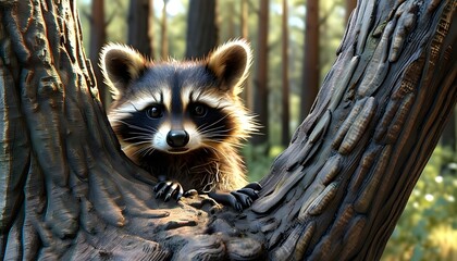 Wall Mural - Playful raccoon peering from behind tree trunk in a whimsical 3D landscape