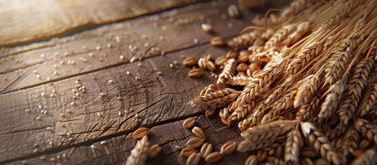 Poster - Raw barley a mound of pearl barley on a wooden table with copy space Top view