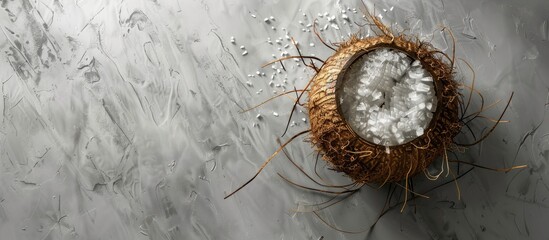 Sticker - Close up of a coconut on a grey background with copy space Delicious whole coconut from above Close up texture Macro background Coconut fibers