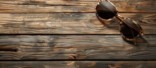 Pin wood and sunglasses on a wooden background top view. Copy space image. Place for adding text and design