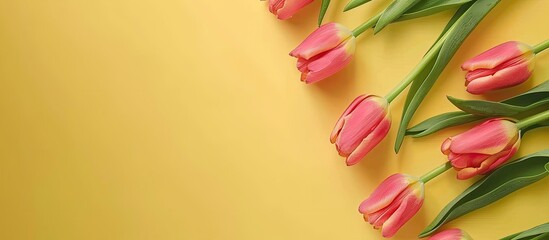 Poster - Aesthetic minimal floral arrangement Empty frame of tulip flowers on a soft pastel yellow backdrop Creative lifestyle summer and spring idea Copy space flat lay top view