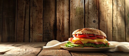 Poster - Delicious sandwich featuring vegetables and cheese on a plate set against a wooden background. Copy space image. Place for adding text and design