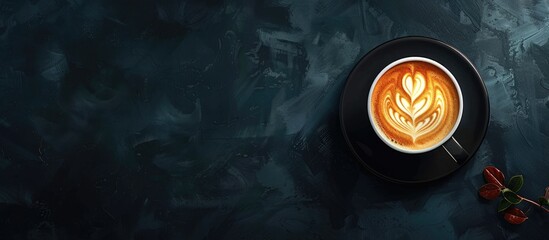 Sticker - Hot latte art on a dark background in a coffee shop cafe with available copy space