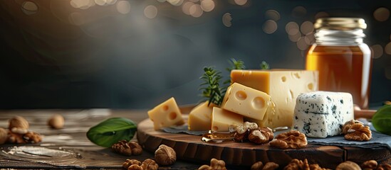 Poster - Cheese platter accompanied by nuts and honey. Copy space image. Place for adding text and design