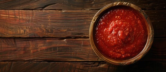 Canvas Print - Tomato red sauce in a wooden bowl on a wooden table with copyspace for a food related issue recipe or cooking