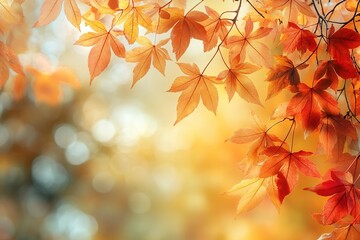 autumn tree in idyllic beautiful blurred autumn landscape panorama with fall leaves in sunshine, advertising space on leaf ground, a day outdoors in golden october, cheerful fall leaf season concept