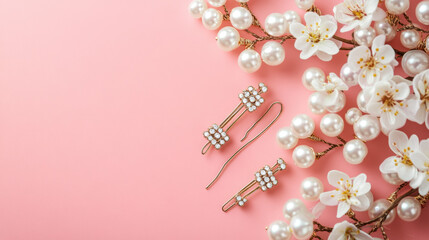 Sticker - “Elegant hair clips, a bracelet, and earrings adorned with pearls arranged on a pink background in a flat lay style. Includes space for text, ideal for showcasing luxury accessories.”