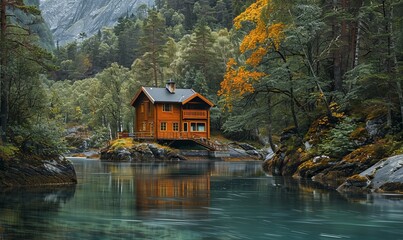 Wall Mural - Rural house in a forest by a river flowing through a Fjord in Norway