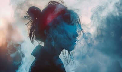 Wall Mural - A woman with a bun in her hair is standing in front of a cloud of smoke