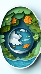  Illustration of an Earth with water, trees, and fish inside a circular design in a paper-cut style