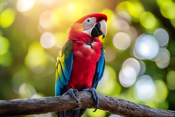 Canvas Print - Scarlet Macaw Perched on a Branch with Bokeh Background