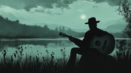 Canvas Print - Silhouetted Musician Playing Guitar by a Lake at Night