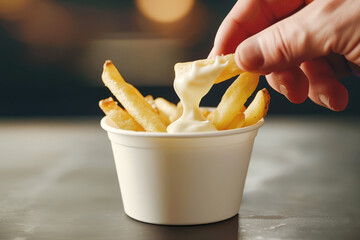 Crispy golden French fries being dipped into a creamy mayonnaise sauce, capturing the tasty and indulgent nature of this popular snack