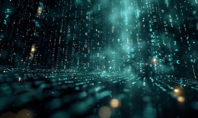 Digital binary code streaming on dark background, data transfer