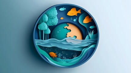  Illustration of an Earth with water, trees, and fish inside a circular design in a paper-cut style