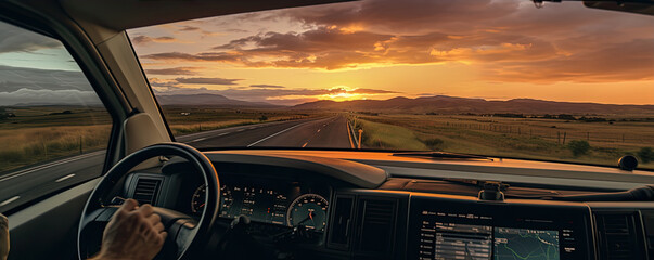 beautiful view from driver luxury car seat. evening sunset panorama from car window.