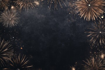 Festive new year fireworks display with white gold blooms on a dark gray blackboard background